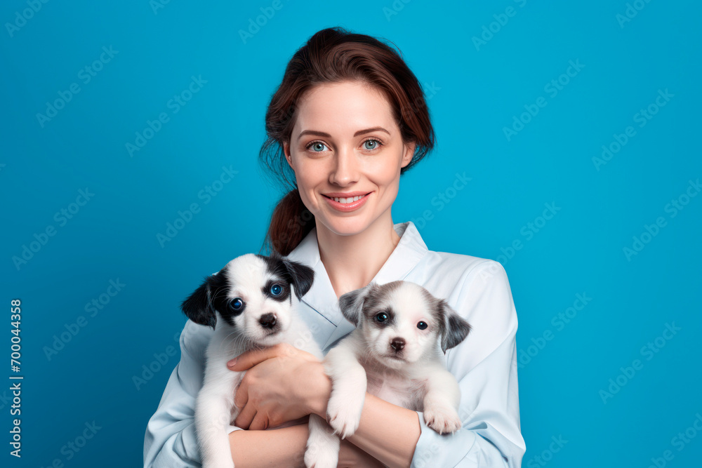 Doctor woman veterinarian in medical suit. holding two happy puppies in his arms Doctor woman veterinarian in medical suit. holding two happy puppies in his arms