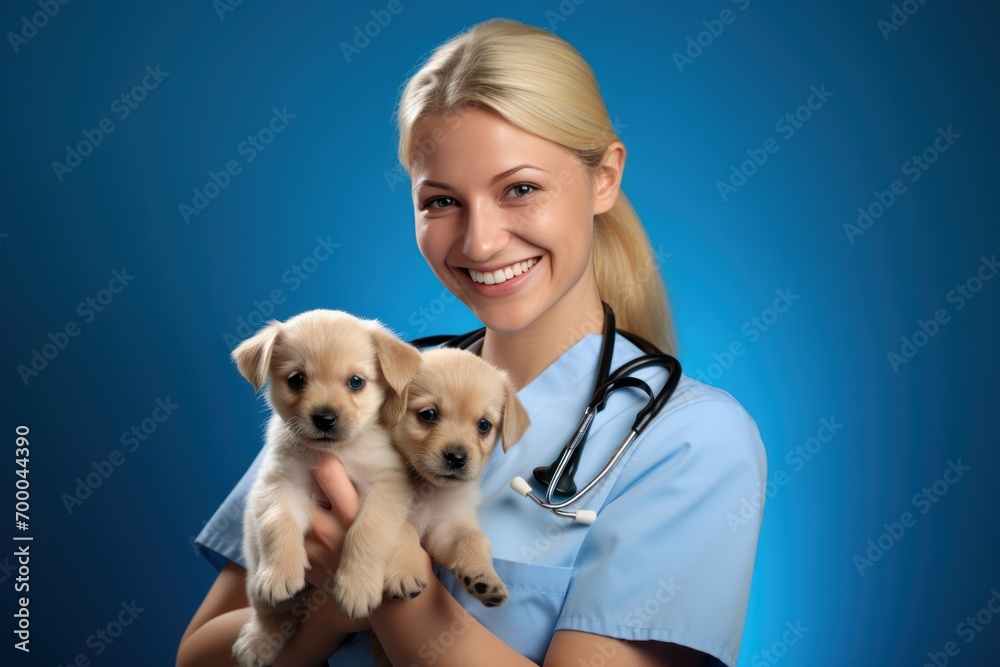 Doctor woman veterinarian in medical suit. holding two happy puppies in his arms Doctor woman veterinarian in medical suit. holding two happy puppies in his arms