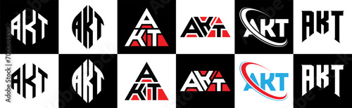 AKT letter logo design in six style. AKT polygon, circle, triangle, hexagon, flat and simple style with black and white color variation letter logo set in one artboard. AKT minimalist and classic logo