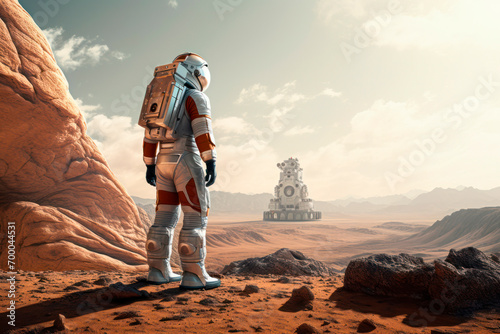 man in a spacesuit on the planet mars. Conquest of Mars. flight to Mars. © Elena