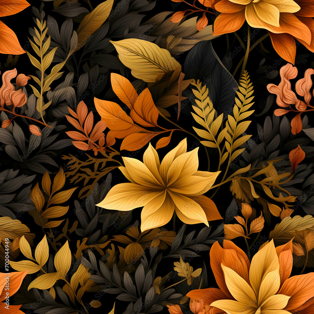 Gold, and orange flowers with leaves seamless pattern on a black background.