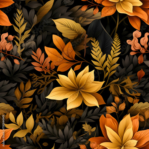 Gold, and orange flowers with leaves seamless pattern on a black background.