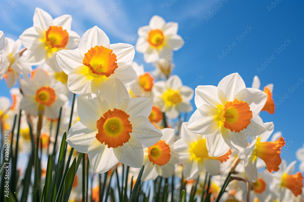 Close up of daffodil flowers in front of blue sky