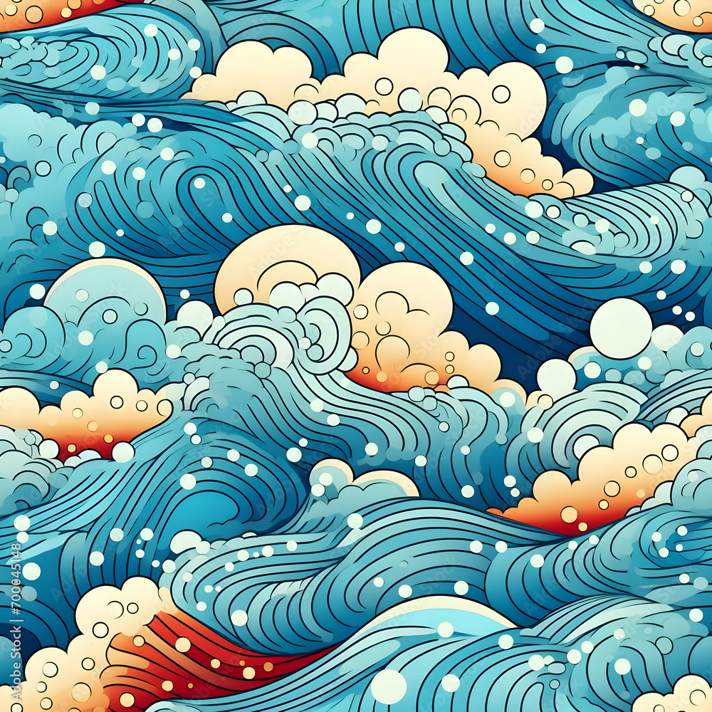 Graphic illustration waves and dots high detailed. Seamless flat bright colors pattern. High-resolution