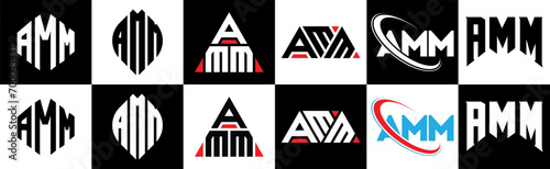 AMM letter logo design in six style. AMM polygon, circle, triangle, hexagon, flat and simple style with black and white color variation letter logo set in one artboard. AMM minimalist and classic logo