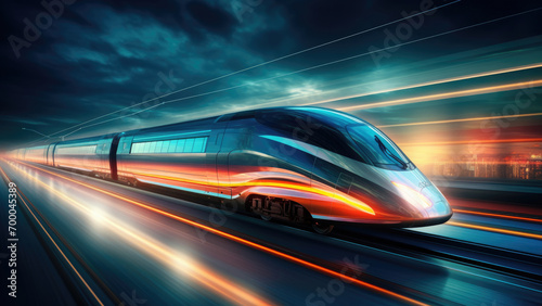 Neon Rails: Speedy Train of the Future against a Skyline Background