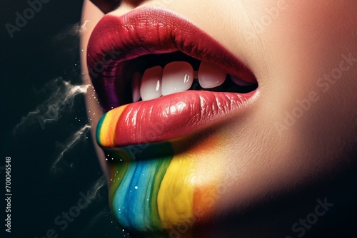 Modern surrealistic collage art depicting lips and rainbow rays with LGBTQ+ themes. Generative AI