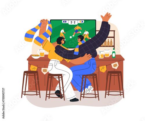 Football fans couple watching soccer match on TV screen in pub. Happy man and woman cheering, celebrating score, sitting, drinking beer in bar. Flat vector illustration isolated on white background