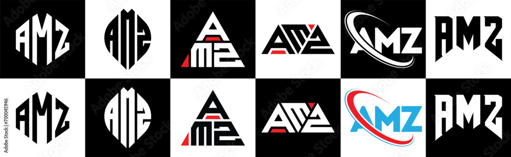 AMZ letter logo design in six style. AMZ polygon, circle, triangle, hexagon, flat and simple style with black and white color variation letter logo set in one artboard. AMZ minimalist and classic logo AMZ letter logo design in six style. AMZ polygon, circle, triangle, hexagon, flat and simple style with black and white color variation letter logo set in one artboard. AMZ minimalist and classic logo