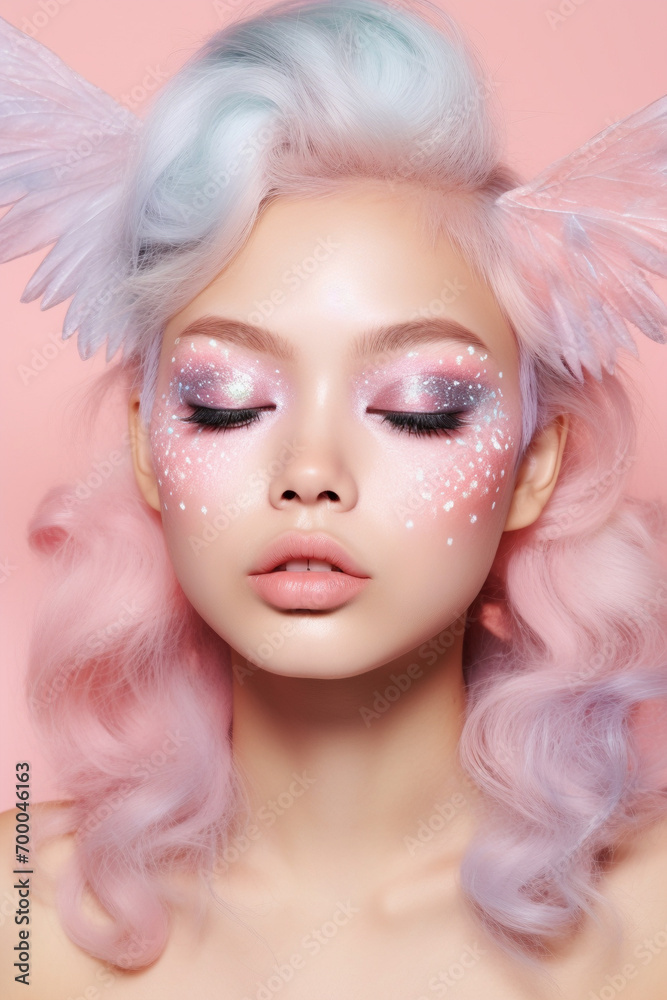Woman with carnival fairy costume makeup on pastel colored background