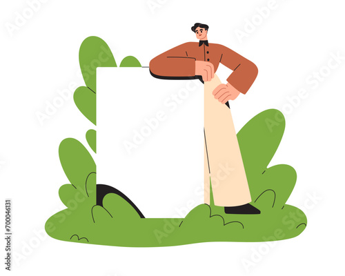 Man with blank paper sheet. Business character showing empty document, vertical banner, poster, board. Person showing placard in nature. Flat graphic vector illustration isolated on white background
