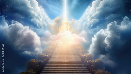 Celestial Journey: Staircase Reaching Towards Paradise Against Sunbeams and Clouds
