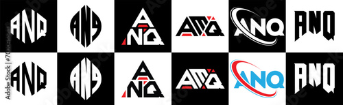 ANQ letter logo design in six style. ANQ polygon, circle, triangle, hexagon, flat and simple style with black and white color variation letter logo set in one artboard. ANQ minimalist and classic logo photo