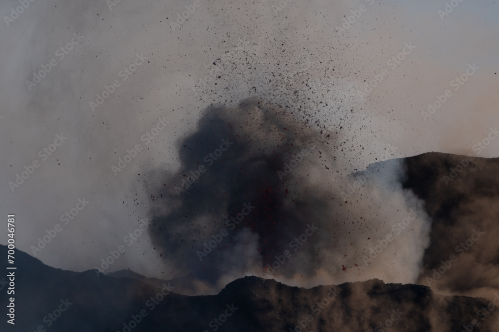Eruptive vent with lava emis at the top of the Etna volcano