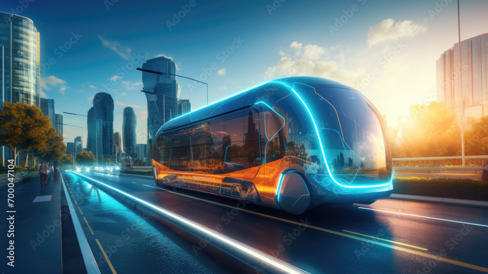 Future Mobility: Speeding Bus with Neon Features in a Skyline Backdrop