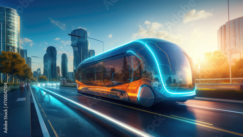 Future Mobility: Speeding Bus with Neon Features in a Skyline Backdrop