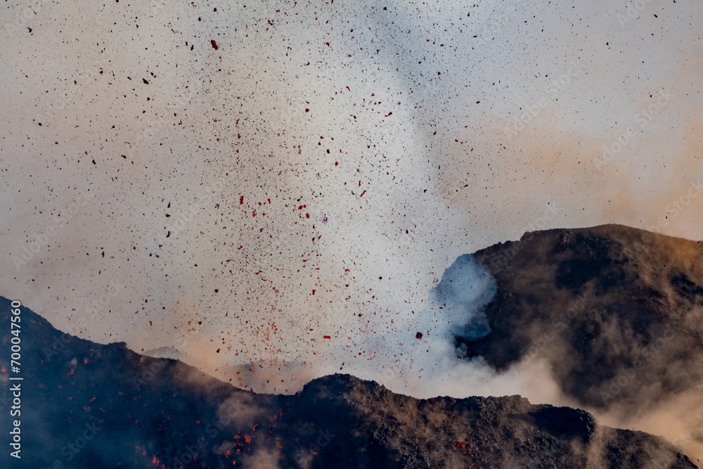 Eruptive vent with lava emis at the top of the Etna volcano