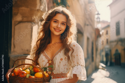 woman smiling with a basket of fruits on the street