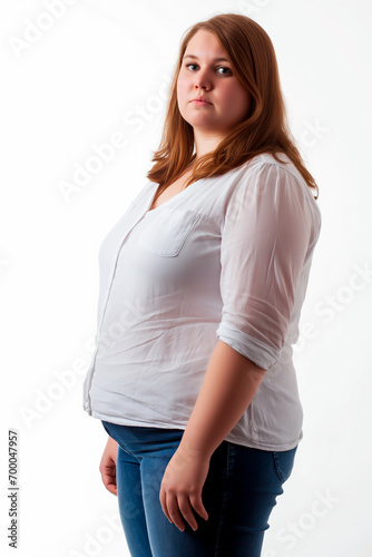 Obese or overweight young girl isolated on a white background.