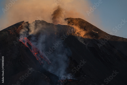 Eruptive vent with lava emis at the top of the Etna volcano