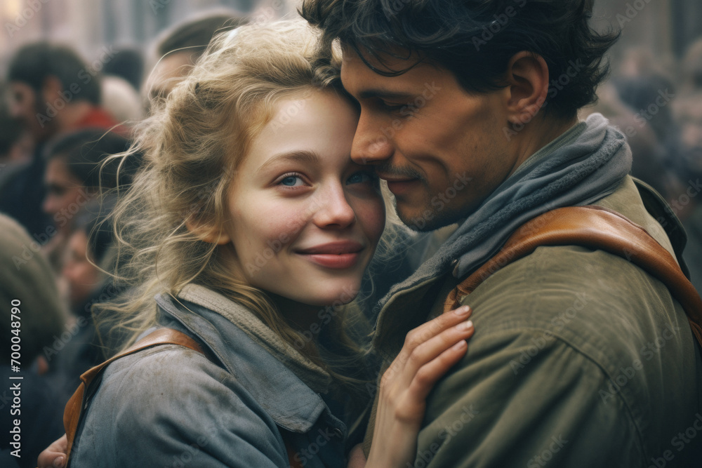 Couple of young people hugging on the street