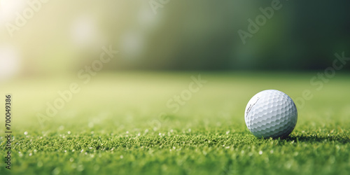 Golf ball with golf club on artificial putting green closeup web banner with copy space 