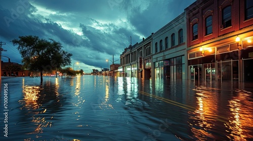 flooded downtown, water reaching the windows of businesses, and street signs peeking through, highlighting economic impact.