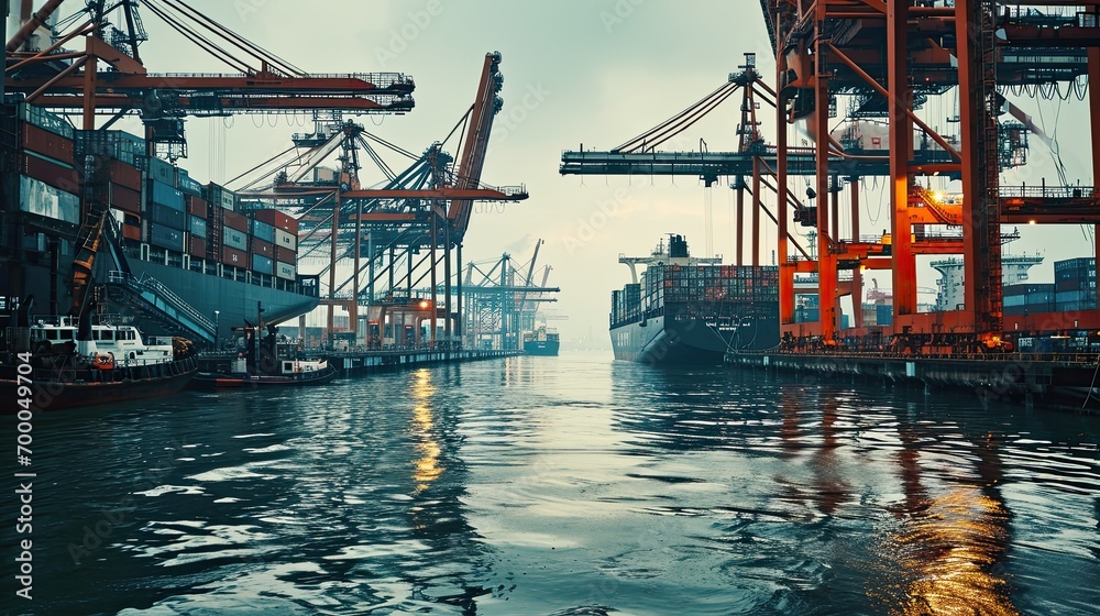 flooded shipping port, cargo containers and ships stranded, indicating