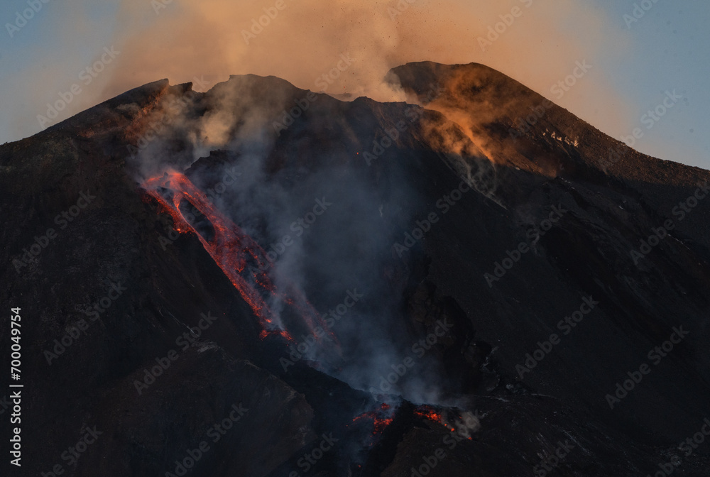 Eruptive vent with lava emis at the top of the Etna volcano