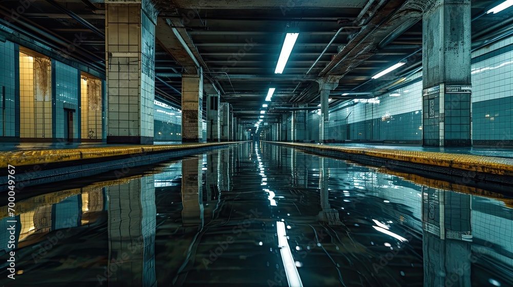 flooded subway station, empty and eerily quiet, focusing on urban