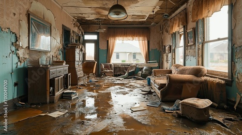 flooded living room, furniture floating and personal belongings scattered, showcasing the devastating personal impact of a flood photo