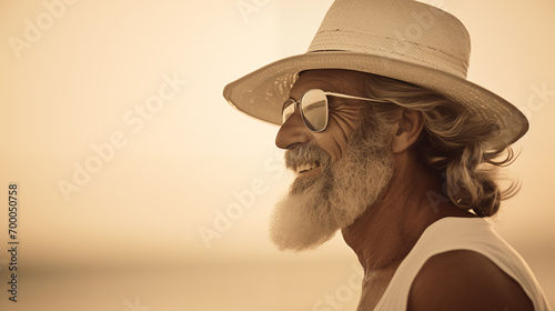 The New Nostalgia – A Smiling Man with Beard and Sunglasses on the Beach, 80s Style, with Old Camera Featuring Film Grain photo