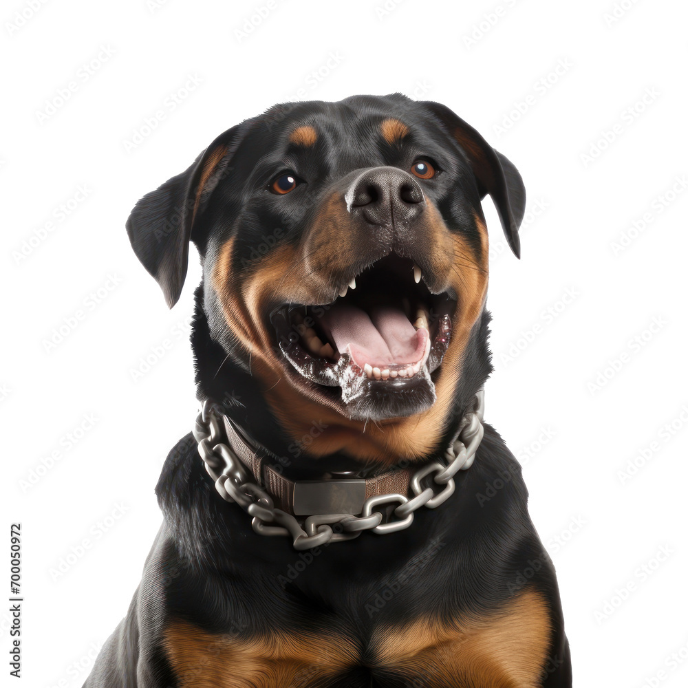portrait of happy rottweiler dog isolated on transparent or white background 