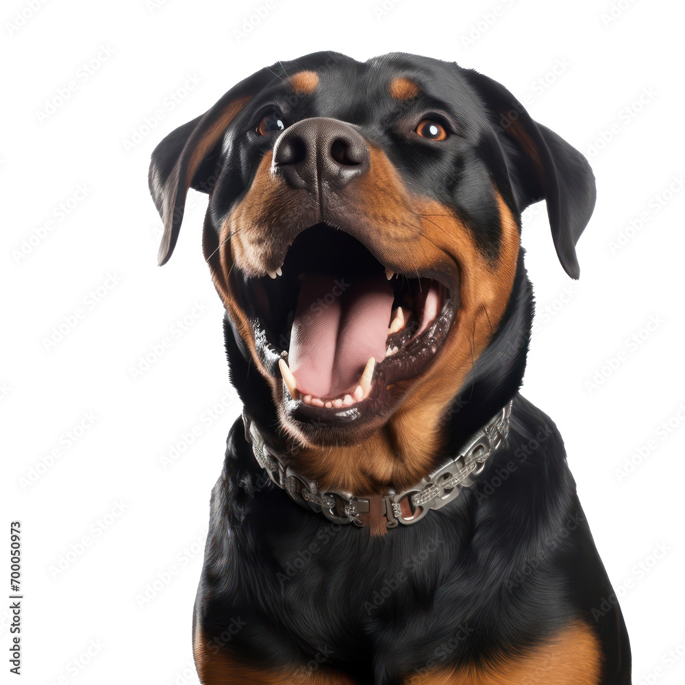 portrait of happy rotwailer dog isolated on transparent or white background 