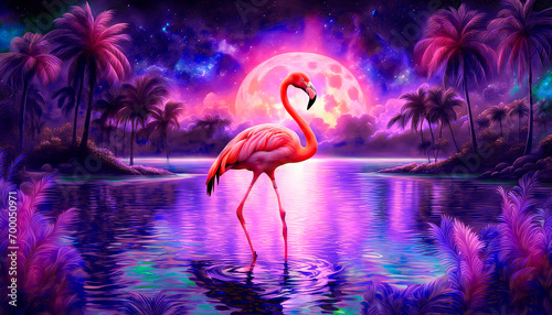 Pink flamingo on the shore of the blue ocean, palm trees, blue sky, sun. Paradise landscape