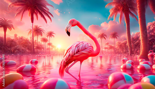 Pink flamingo on the shore of the blue ocean, palm trees, blue sky, sun. Paradise landscape
