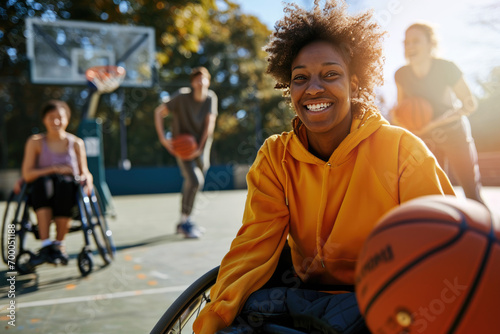 smiling young disabled afro american female basketball player holding a ball while sitting on wheelchair at outdoors court © ronstik