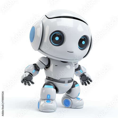 Futuristic volumetric baby robot with a charming design, featuring large blue eyes and a sleek white and grey body, exuding a friendly vibe for companionship and interactive play.