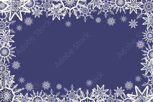 Winter frame with snowflakes over blue background with copy space. Vector background for poster, flyer, web banner, social media, Christmas or new year card design. Traditional holiday texture.