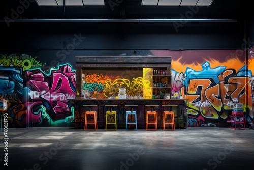 Industrial setting with dark concrete walls featuring graffiti in a spectrum of vibrant hues, Generative AI