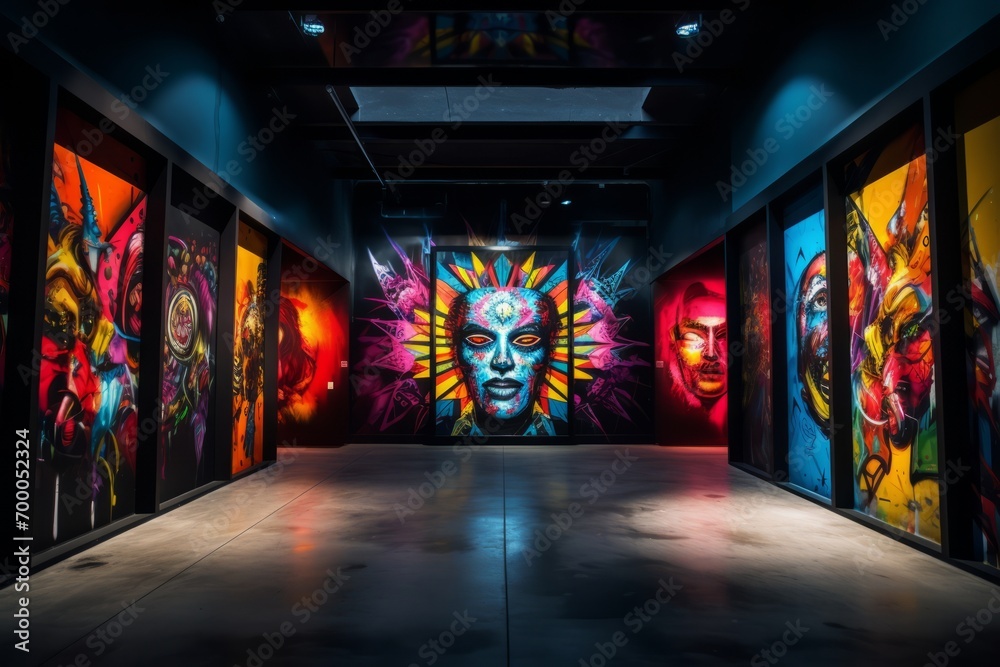 Street art gallery with dark concrete walls showcasing a kaleidoscope of vivid colors, Generative AI