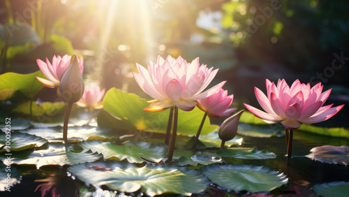 Serenity in Bloom: Beautiful Lotus Flower Floating in Sunlit Waters