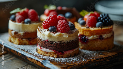 Wallpaper Mural Gourmet Mini Berry Layer Cakes on Rustic Table. Shallow depth of field. Baked goods. Comfort food. Torontodigital.ca