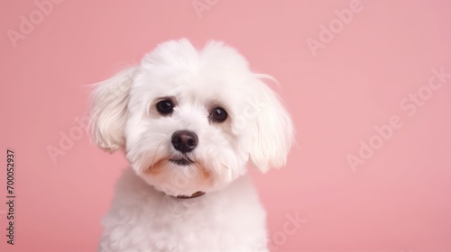 Cute Maltipoo dog on pink background with copy  space for text