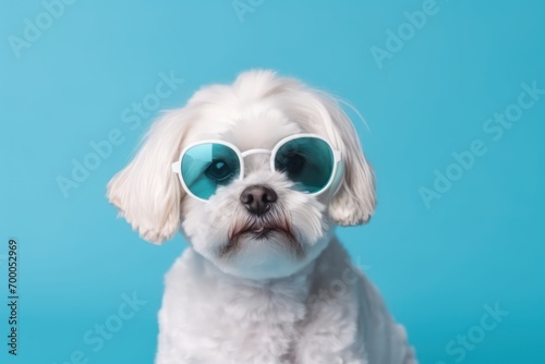 Cute dog in sunglasses on blue background © SaraY Studio 