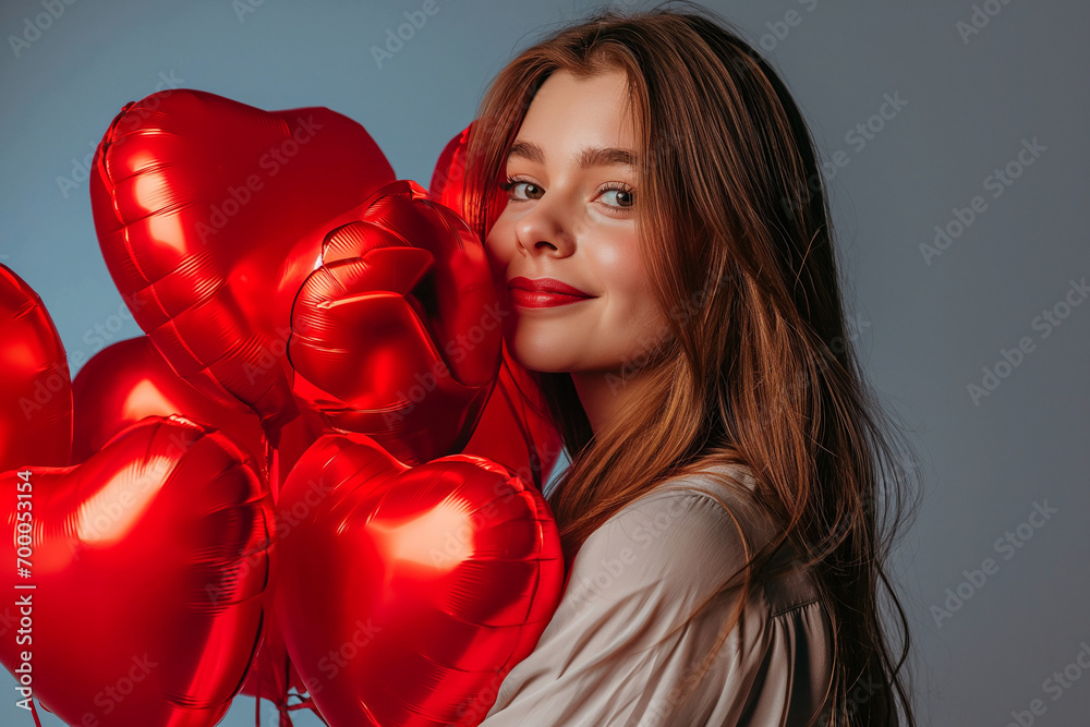 valentine's day concept, Radiant Joy - Woman with Red Heart Balloons Celebrating Valentine's Day valentine's day concept, Radiant Joy - Woman with Red Heart Balloons Celebrating Valentine's Day