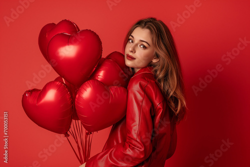 valentine's day concept, Radiant Joy - Woman with Red Heart Balloons Celebrating Valentine's Day