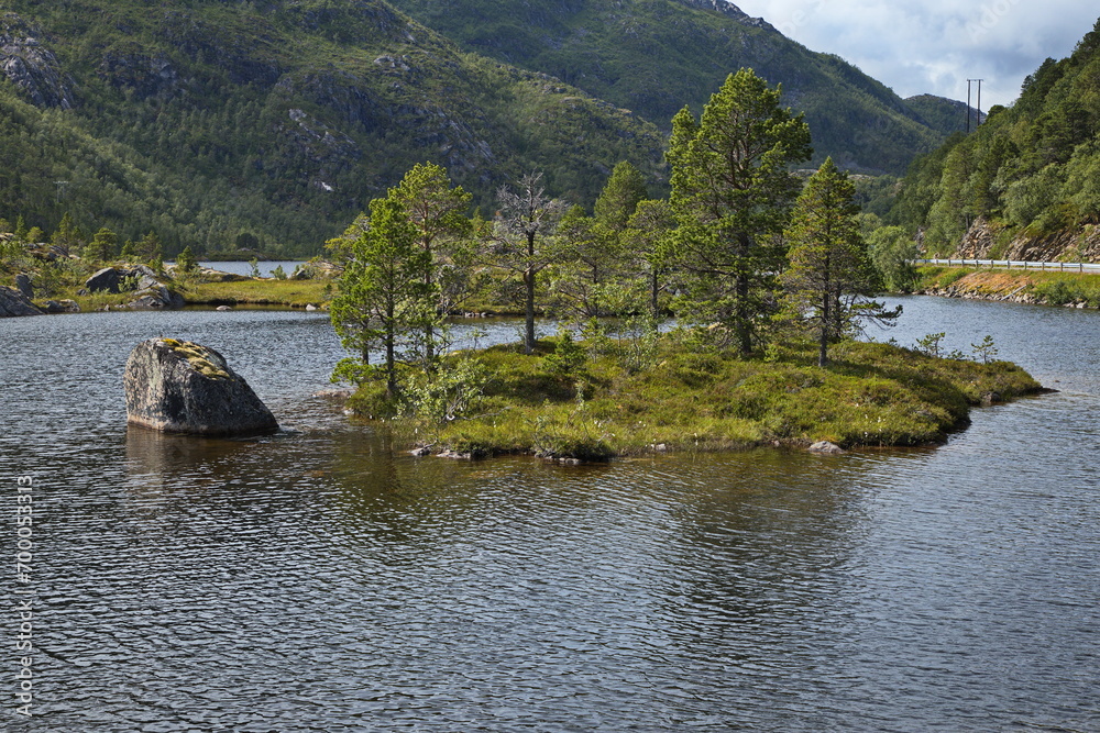 Islands on the lake Nedre Karingsvatnet at Gronelva in Nordland county, Norway, Europe
