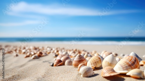 Shells on sandy beach with blue sky background © SaraY Studio 