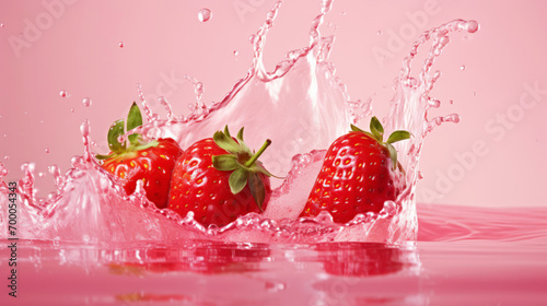 Milk splash with strawberries. Sweet dessert cream. Milkshake concept. Generative AI